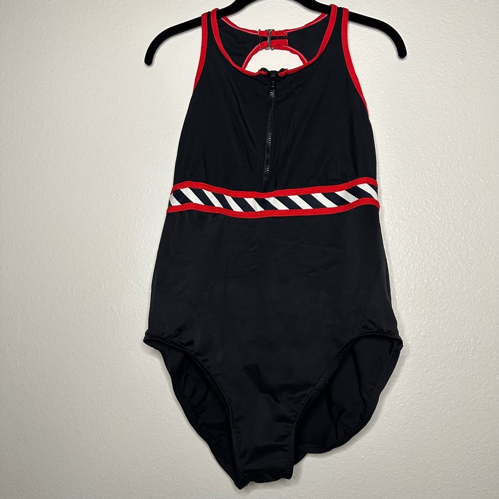 Miraclesuit Black Red White Stripe Zipper Front Halter One Piece Swimsuit Sz 16 - Picture 2 of 6